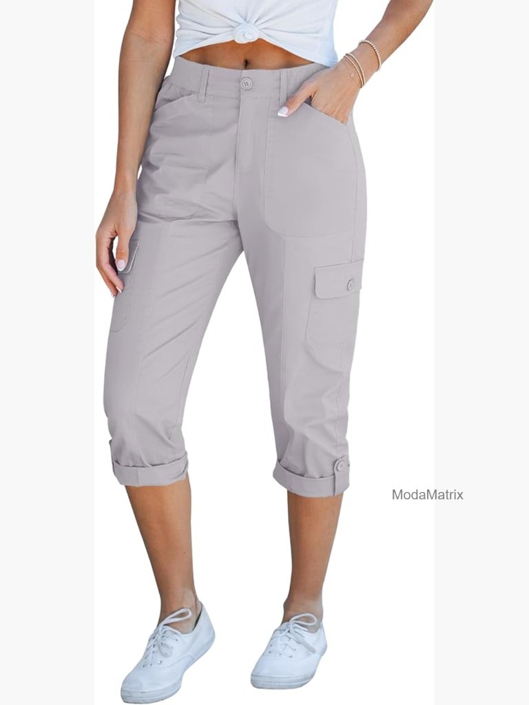 High Waisted Cargo Capri Pants Women Relaxed Fit Elastic Knit Casual Cropped